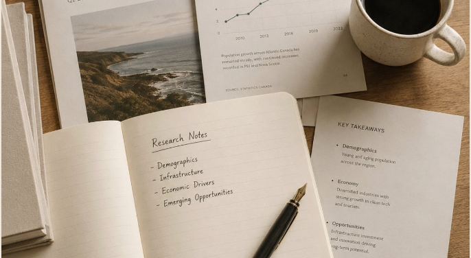Research notes, printed reports, and a coffee cup on a warm desk