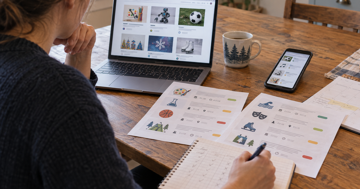 Adult comparing children's program information across a laptop, phone, printed sheets, calendar, and handwritten notes