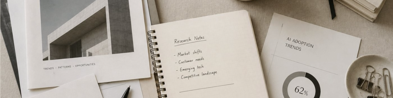 Research notes and report pages arranged on a desk