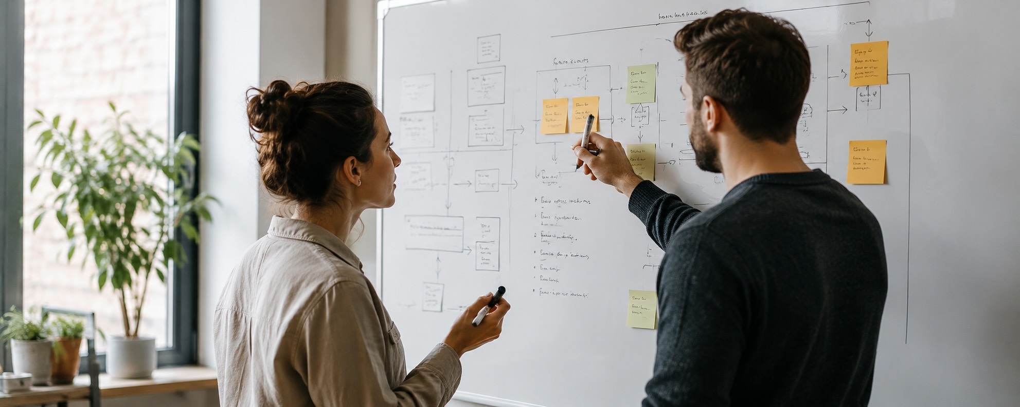 Two people discussing a process diagram at a whiteboard