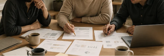 People reviewing printed documents and notes around a table