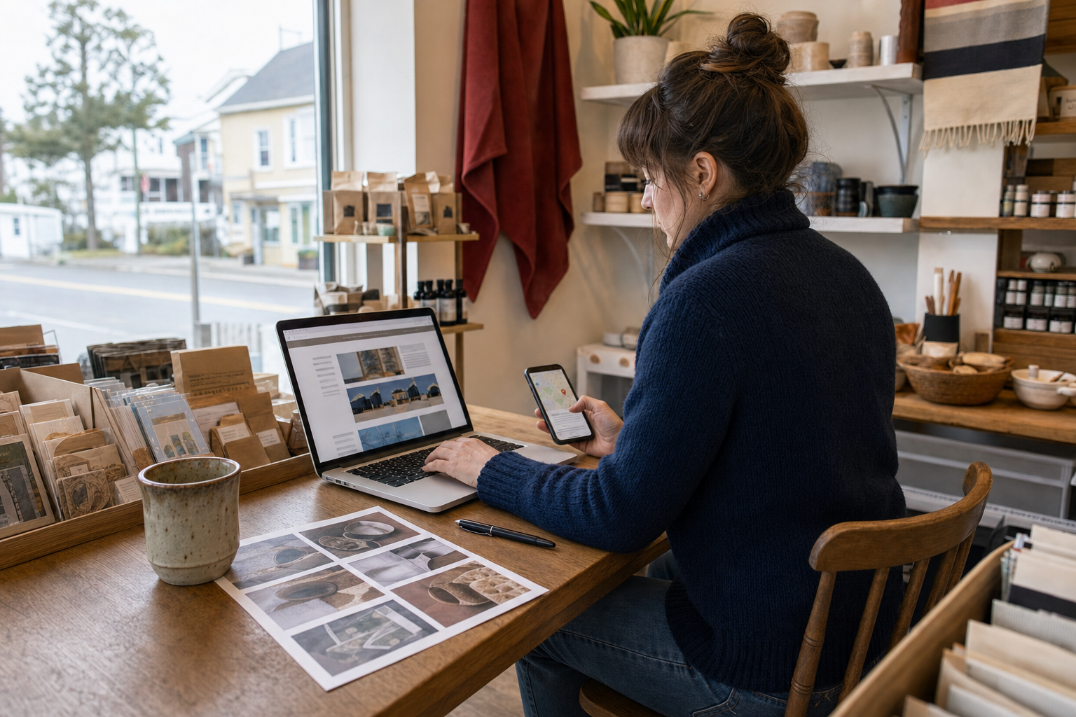Illustrative local business owner reviewing a website, map listing, and content materials
