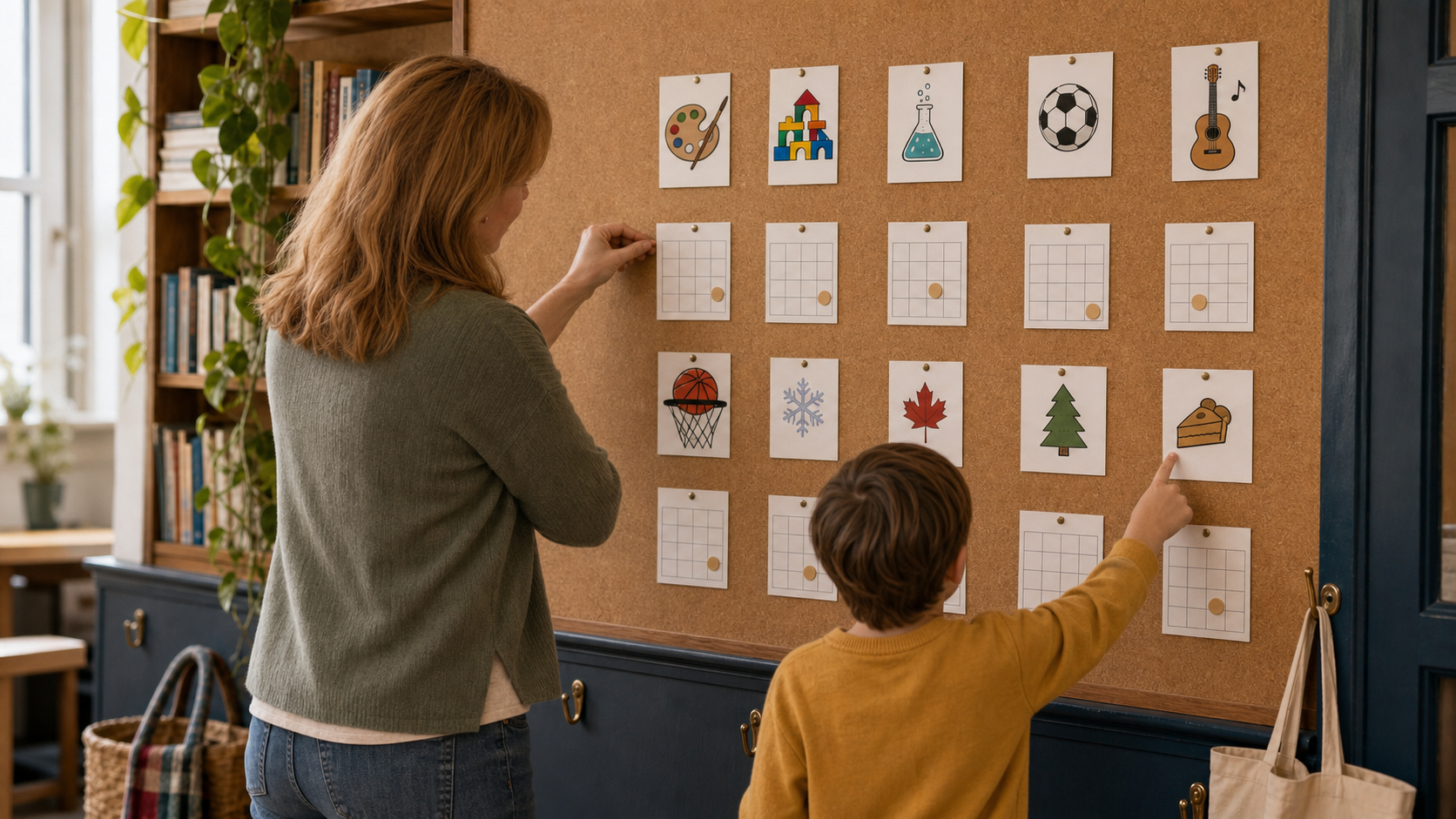 Illustrative scene of an adult and child reviewing activity options together